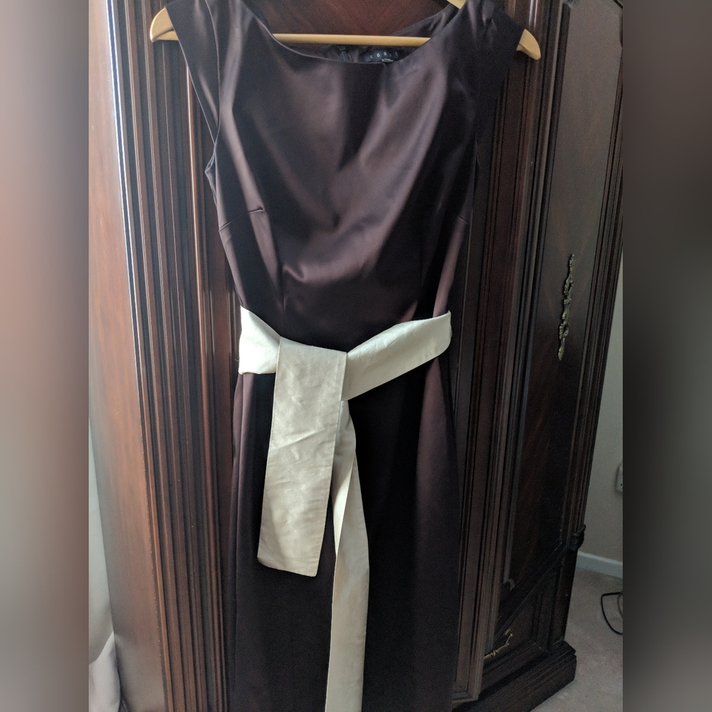 Brown Satin Dress with Cream Sash